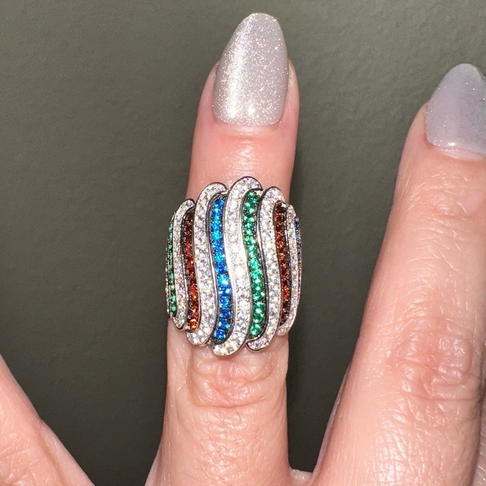 Patriotic Lab Ruby, Sapphire, Emerald, and Diamond Gemstone Wave Ring size 5